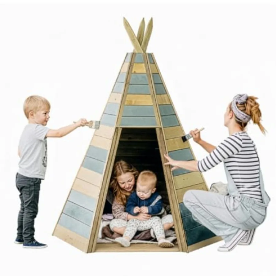 Outdoor toddler playhouse for kids aged 3+, wooden frame teepee tent in natural wood color, sturdy and weatherproof cone-shaped
