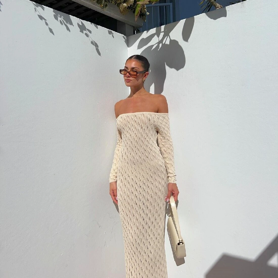 

Сексуальное ажурное трикотажное платье на одно плечо с длинным рукавом, высокой талией и А-образной юбкой, для офиса и на каждый день, летнее.