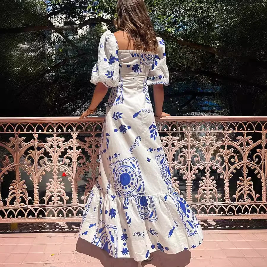 Elegant Summer Printed Maxi Dress Women Puff Sleeve Ruffle Patchwork A-line Pleated Long Dresses Bohemian Holiday Vintage Robes