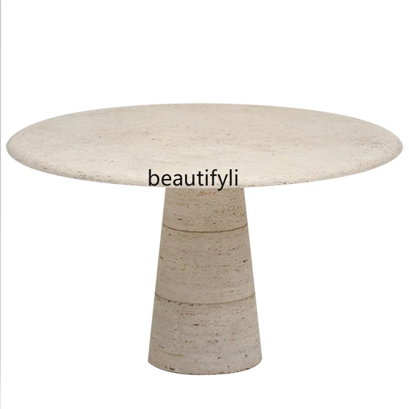 

Wabi Sansan natural yellow travertine dining table, minimalist round, eating table meeting room