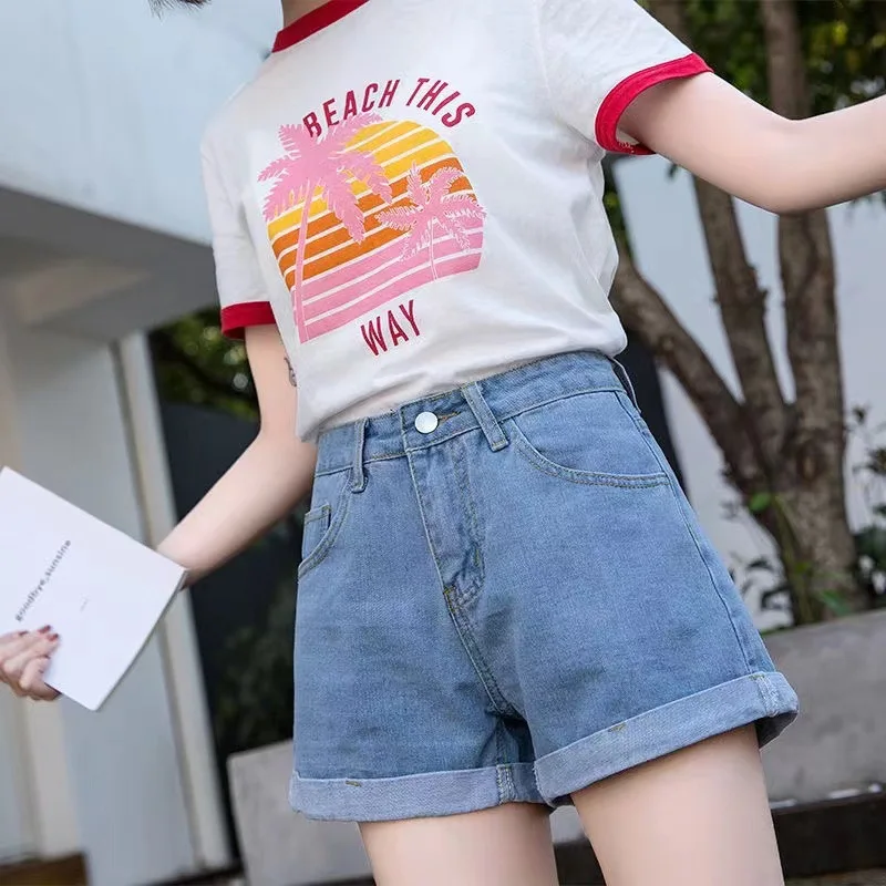 High Waist Black Denim Shorts Women Summer Student Cuffed Loose Slim A-Line Wide Leg Pants Hot Korean Trend Jeans