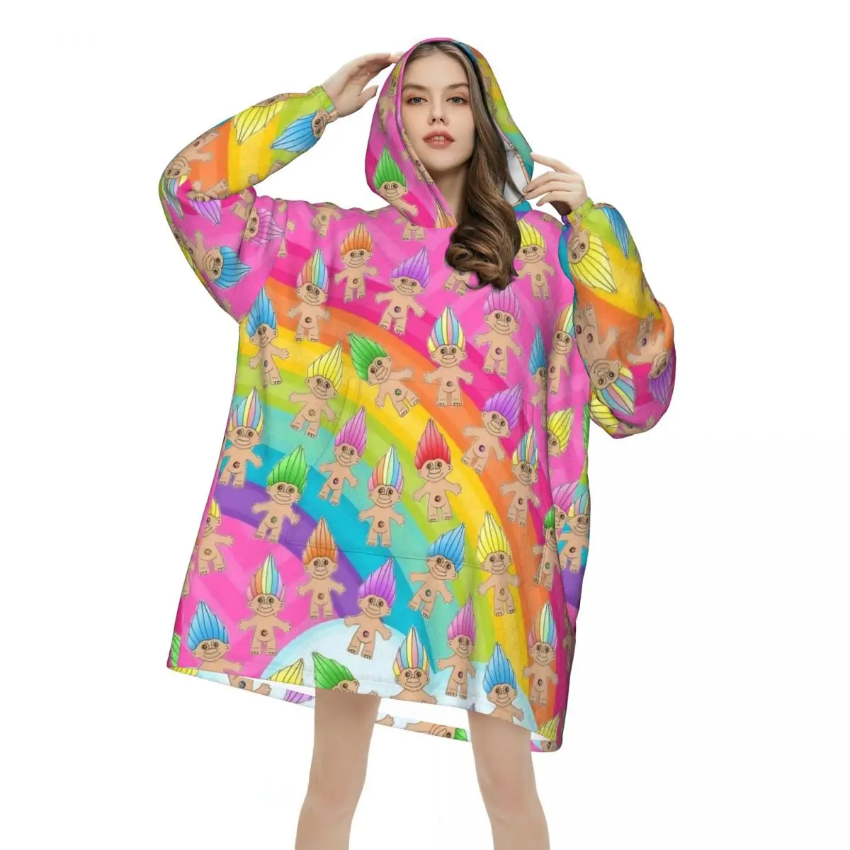 Trolls Dolls Oversized Blanket Hoodie Sweatshirt Long Fleece Hooded Wearable Blanket with Large Pocket for Women Men