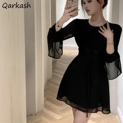 Solid Dresses Women Mini Retro Summer Spicy Ladies Backless Lace-up Sexy Designed Long Sleeve Korean Style Elegant Vintage Ins