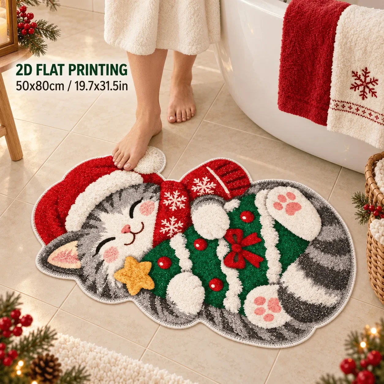Printed Christmas Cat Bow Gift Holly Bath Mat Irregular Non Slip Washable Floor Carpet Indoor Decor