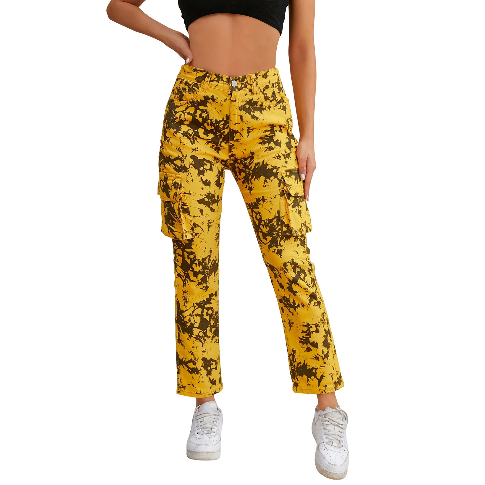 Graphic Printed Y2K Cargo Pants For Women Side Pockets Slim Fit Casual Trousers