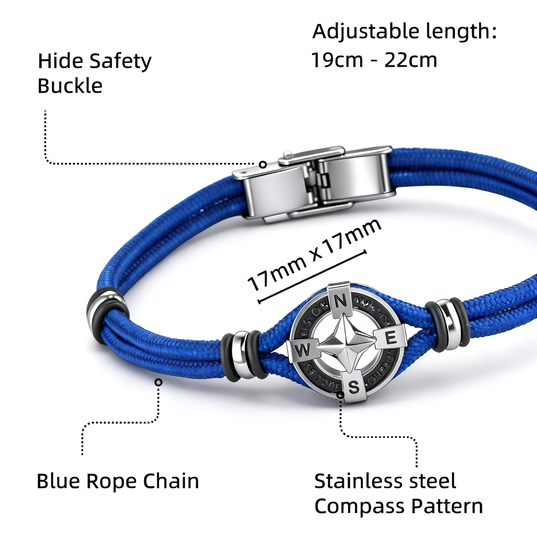 سوار بنمط بوصلة بحرية للرجال، سوار أزرق قابل للتعديل لملابس المعصم تحت عنوان الملاحة للجنسين