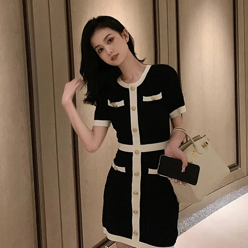 Korean Style Knitted Dress Elegant Slim Button Bodycon Mini Dress Casual New Short Sleeve Dress Feminina Clothing Vestidos 12105