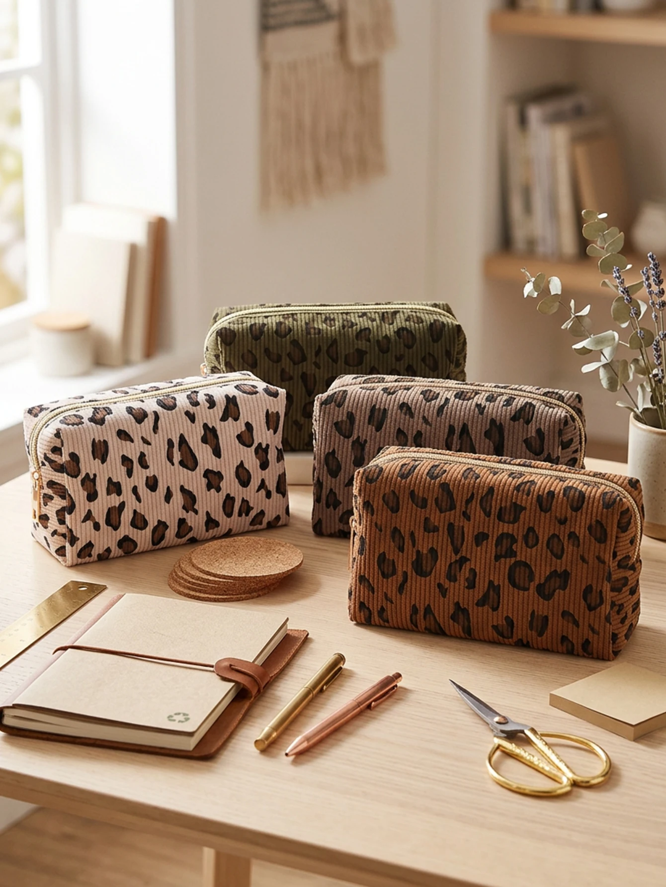 Aesthetic Large Pencil Case Pouch - Large Leopard Print Corduroy Pencil Case