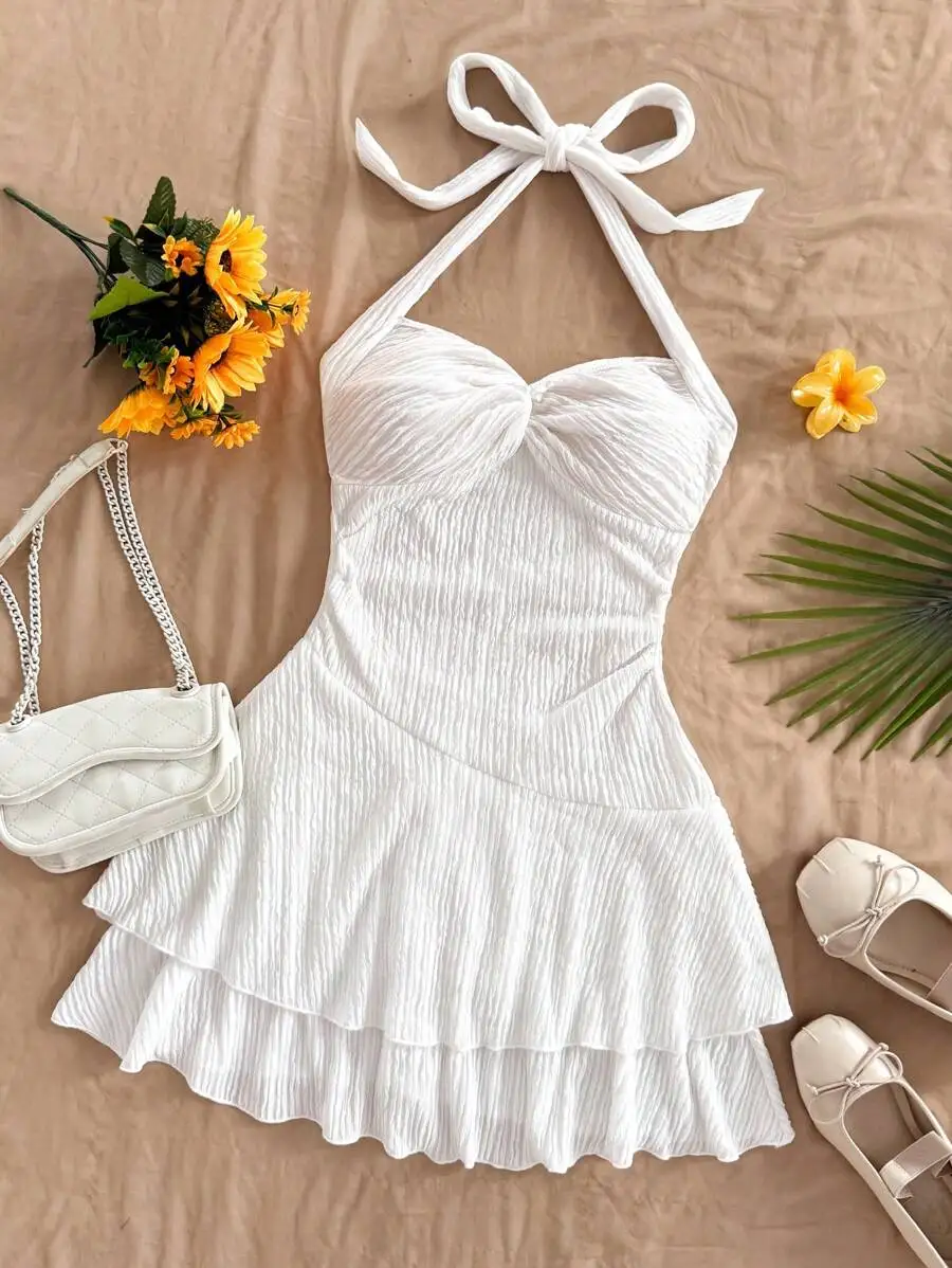 Soleia Backless Mini Dress With Neck Tie, Ruched Hem And Double Layer, Suitable For Party, Date, Valentine's Day,Summer Dresses