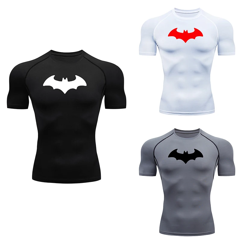 

Мужская компрессионная футболка с принтом летучей мыши для бега, фитнеса и тренажерного зала, с коротким рукавом, повседневная, топ