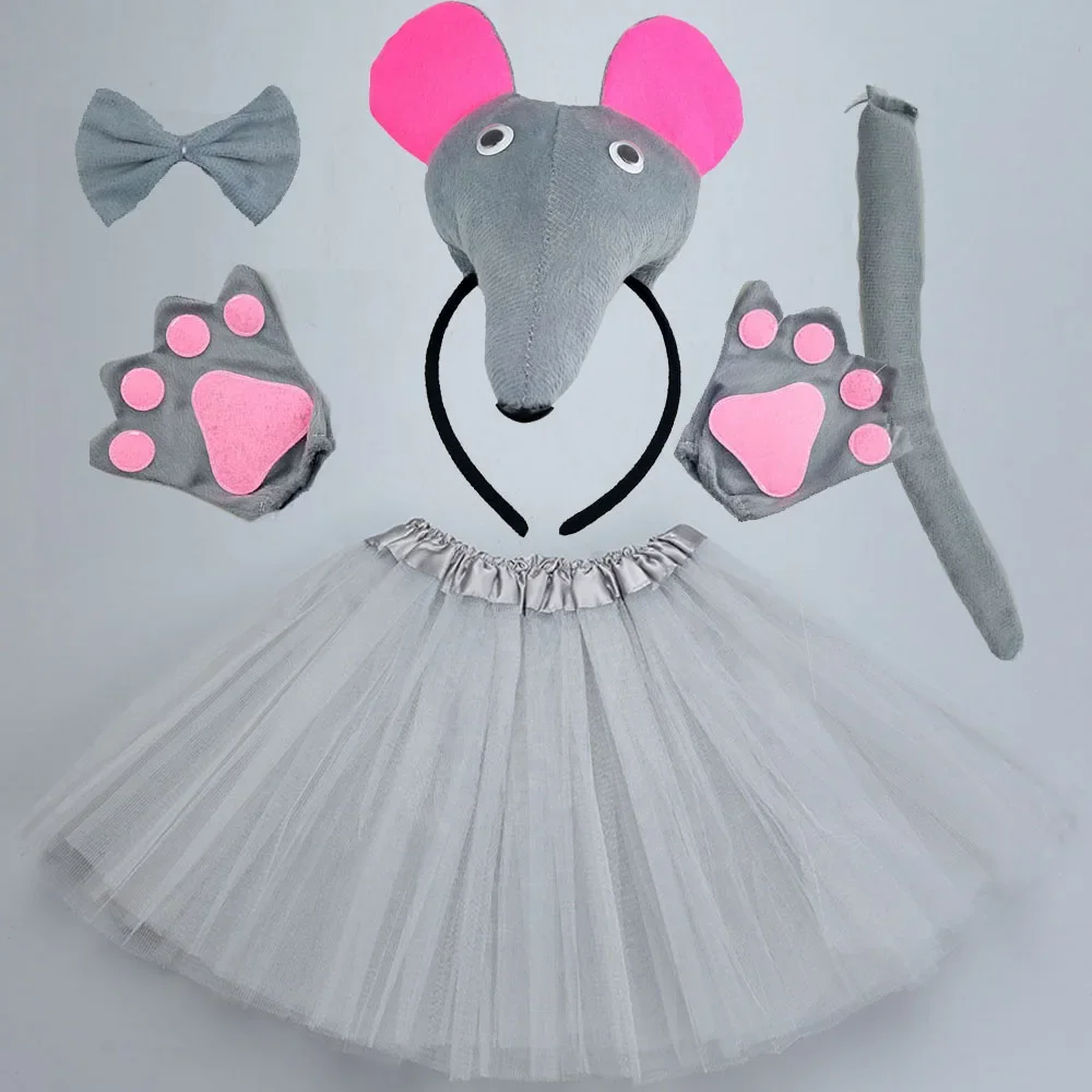 Girl Women Halloween Christmas Grey Rat Mouse Animal Costume Headband Bowtie Tail Tutu Set Cosplay Party Birthday Gift