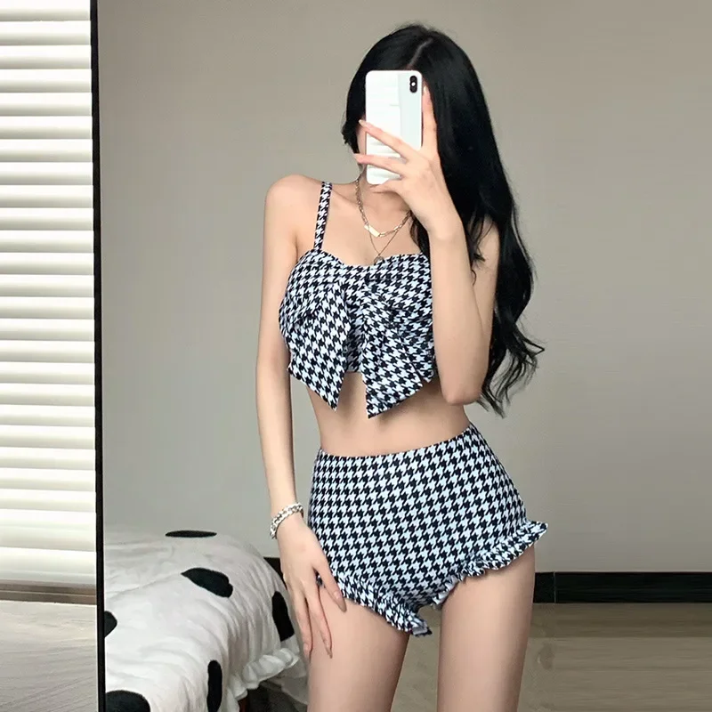 2023 Korean Style Sexy Plaid Swimsuit Two Pieces Women Bikini Set Push Up Swimsuit Beach Summer Bandage Swimwear Swimming Skirt