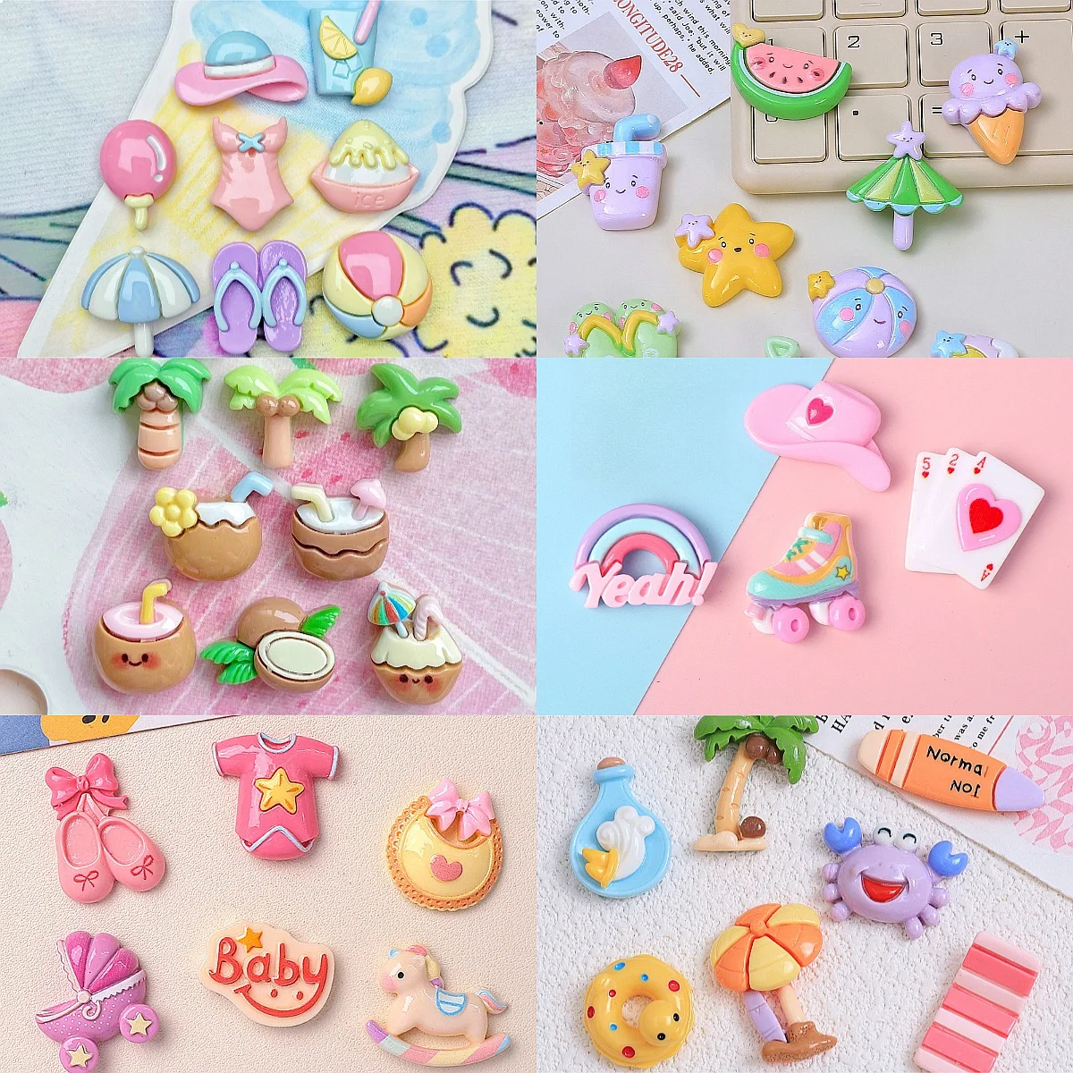 100pcs Cute Summer Beach Simulated Slipper Coconut Tree Resin Charms for DIY Keychain Hairband Jewelry Decor