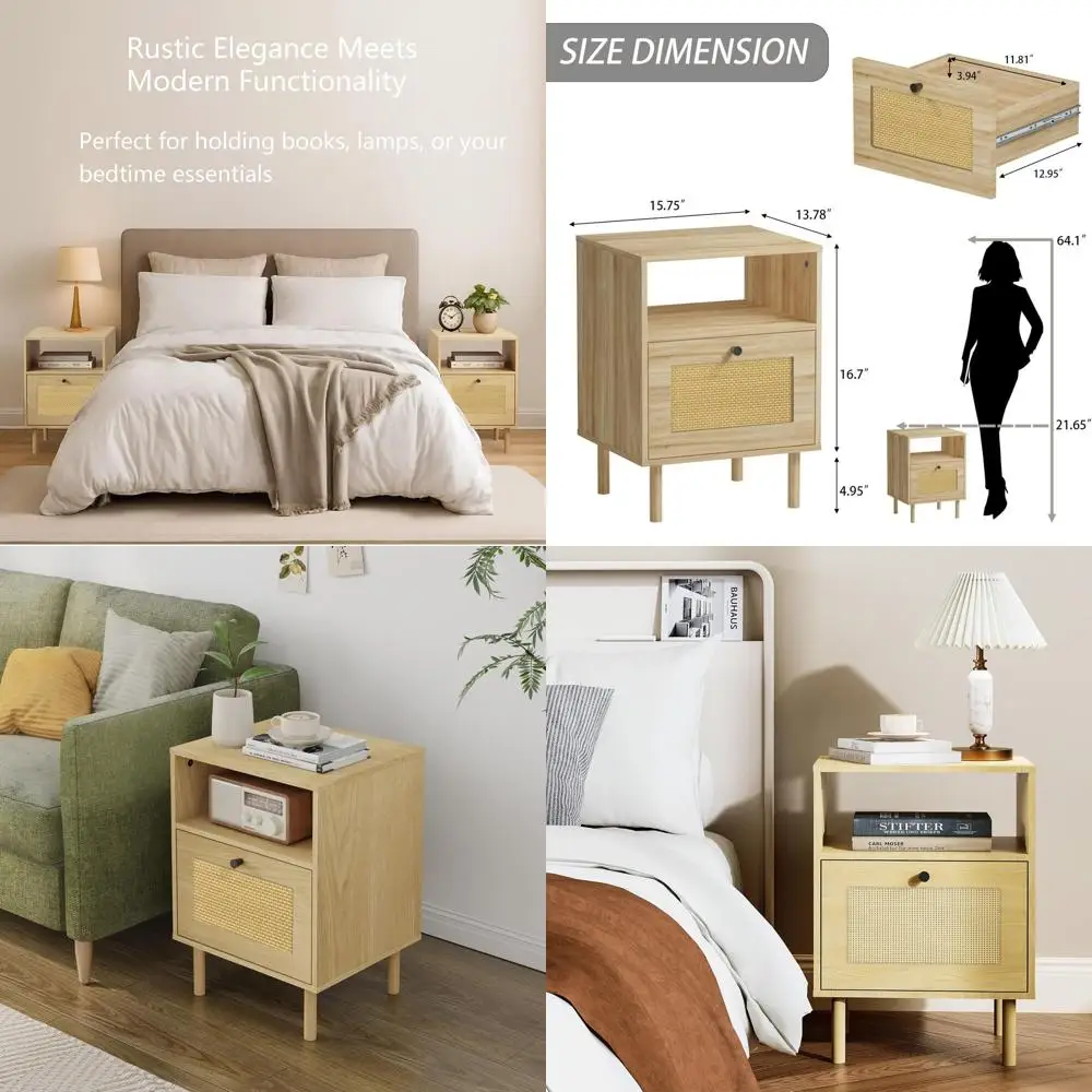 

Boho Rattan Nightstand with Drawers and Shelf for Bedroom, Dorm, Living Room - Compact Side Table for Apartments, Students, Home