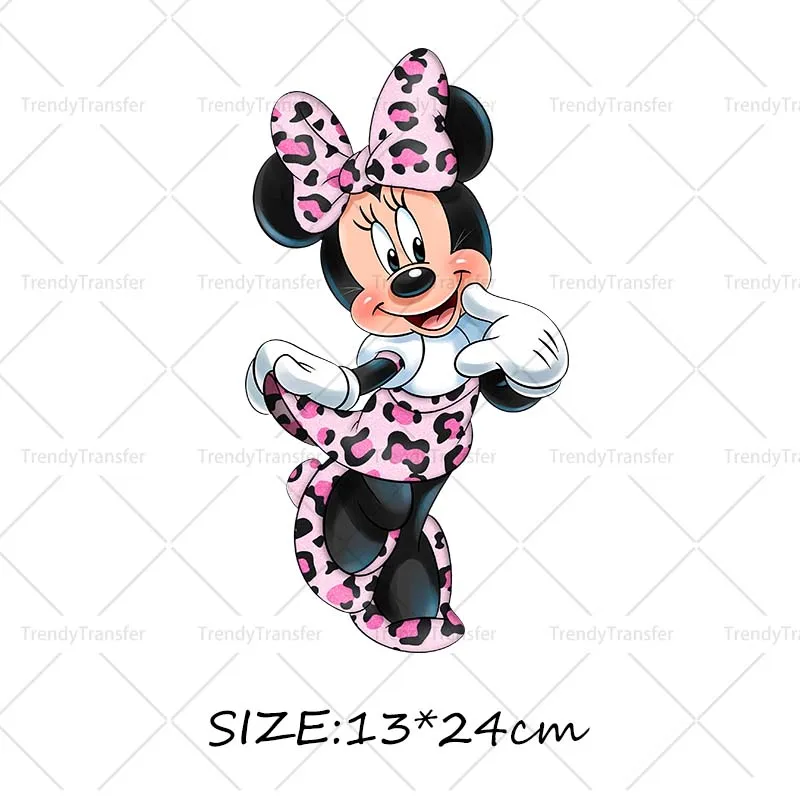 Roze Luipaard Minnie Mouse Karakter Opstrijkpatronen DTF Prints Warmtepersstickers voor kleding Strijkstickers