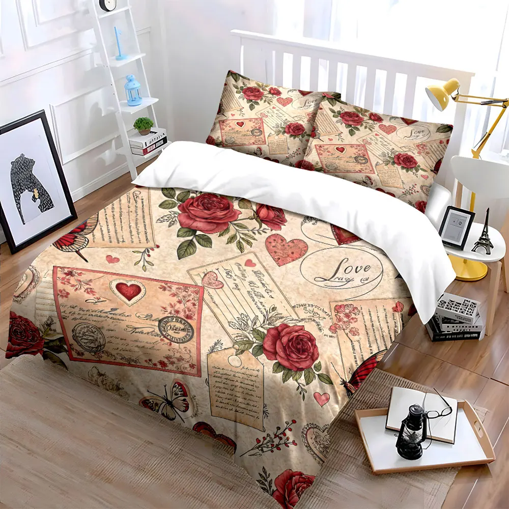 Vintage romantic roses and love letters Printed Duvet Cover Set 1 Duvet Cover+2 Pillowcase Multi Size Bedroom Bedding Decor