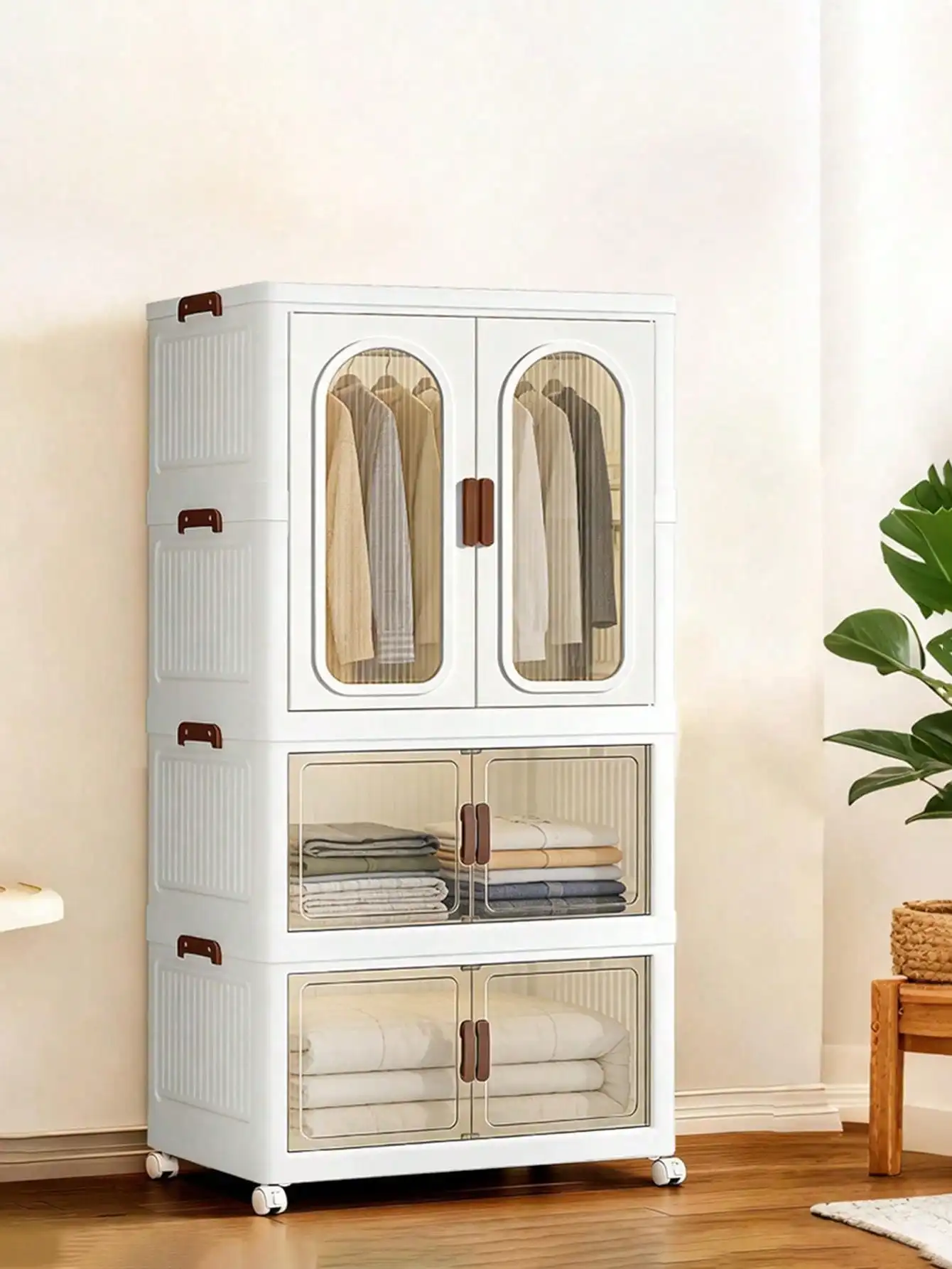70cm 27.55 Inch Large Foldable Wardrobe Storage Box White Plastic Stackable Storage Bins With Wheels Clear Front Doors Collapsible Hanging Clothing Cabinet For Bedroom Closet Storage Gift view 4