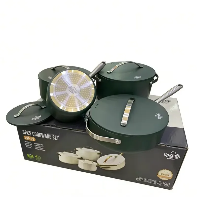 UAKEEN 8 Piece Die Cast Cookware Set Non Stick Marble Coating Casserole Saucepan Deep Fry Pan Heavy Gauge PFOA Free Durable