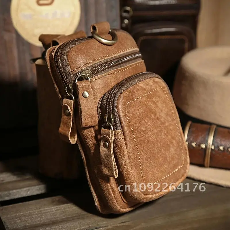 Riñonera de cuero Crazy Horse Vintage para hombre, bolsa de cuero genuino, cinturón de viaje para teléfono, riñonera con lazo para la cadera, bolsos pequeños para hombre