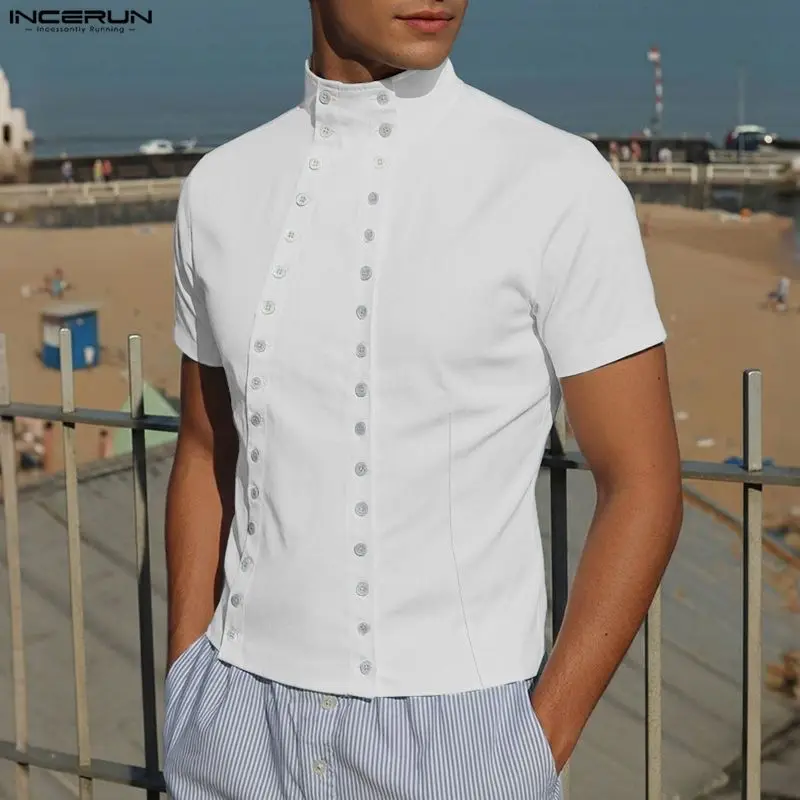 INCERUN Men's Shirt Solid Color Short Sleeve Double-breasted Casual Menswear Clothing Streetwear Summer 2026 Tops For Man Camisa