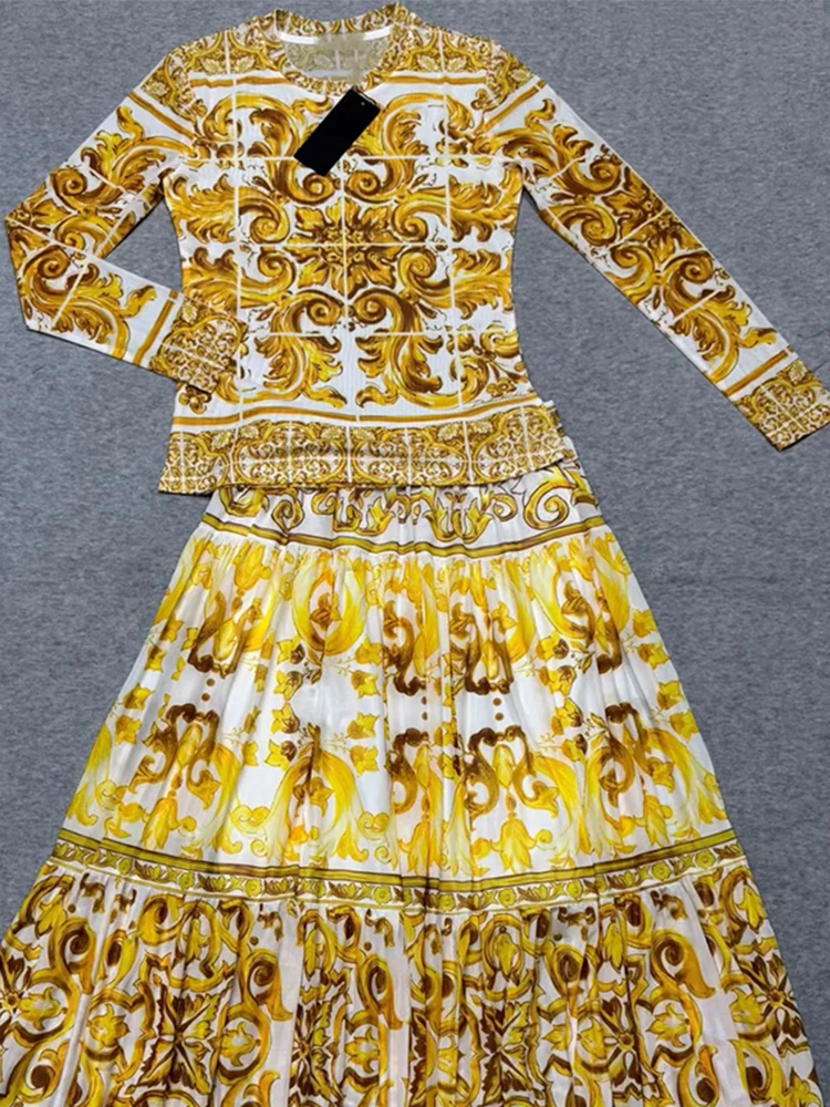 Retro blauw-wit porselein bedrukte elastische mesh top met lange mouwen dames nieuwe elastische taille grote rok mode tweedelig pak