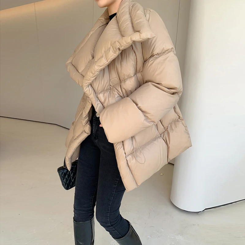 Luxury Women Fluffy puffer jacket Khaki Winter Warm Adjustable wasit down coat  2023 New Desinger Parkas Outwear INKEO 2O398