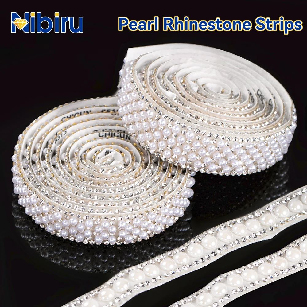 

Nibiru 1Yard/91cm Self Adhesive Pearl Rhinestone Trim Tape Flatback Crystal Gem Strip for Wedding Dress DIY Clothing Decoration