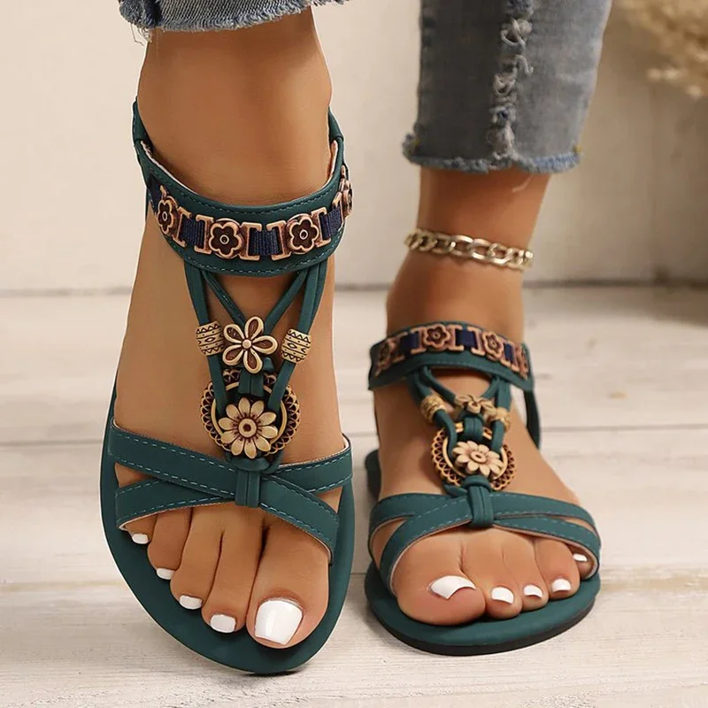 Bohemian Style Women's Flat Sandals Summer Comfortable Non Slip Beach Shoes Woman Vintage Beaded Flower Decor Gladiator Sandals image 5