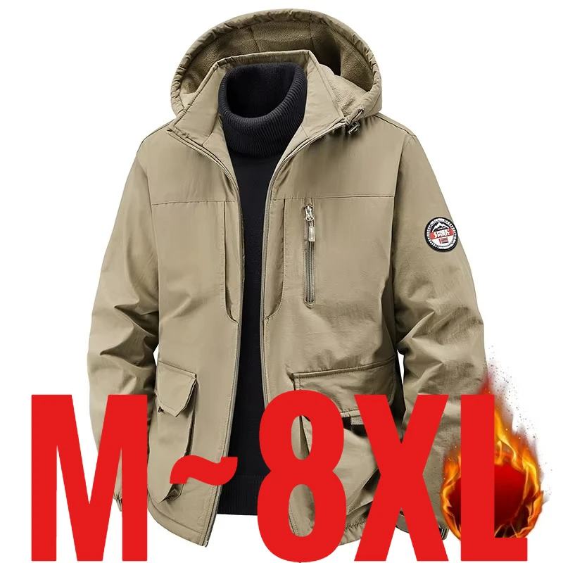 Plus Size 8XL Men's Casual Jacket Hooded Fleece Lined Windbreaker Male Waterproof Windproof Soft Shell Coat Big 6XL 5XL Fat 7XL