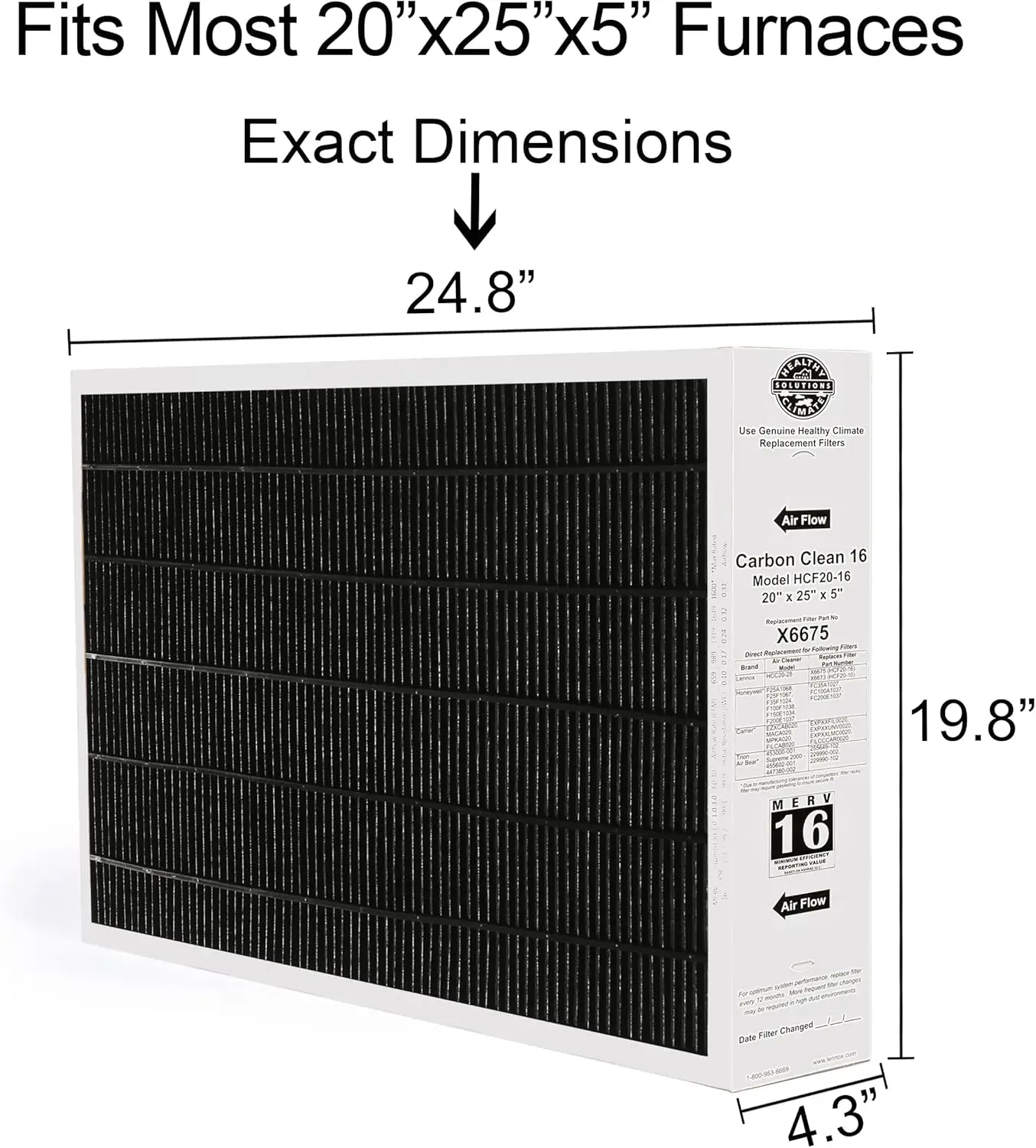 20x25x5 Air Filter, Lennox Healthy Climate Carbon Clean Merv 16 Home Furnace Filter for HVAC system 4 Pack with Cleaning Cloth