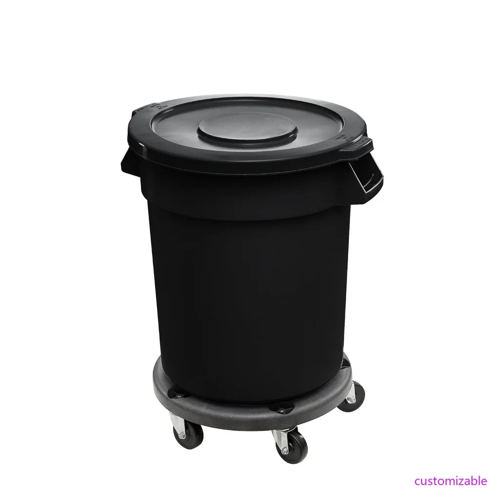 

32-галонный черный круглый коммерческий мусорный бак с крышкой и колесиковым основанием для чистящих средств, парков, тротуаров и дорожного использования.