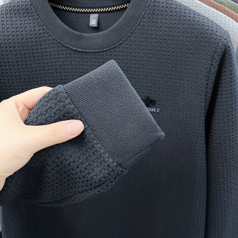 Herren-Sweatshirt mit Rundhalsausschnitt, Waffelstruktur, langen Ärmeln, einfarbig, lockerer Schnitt, lässig, für den täglichen Gebrauch, ein Basic-Oberteil für Herbst und Winter. – Detail 22
