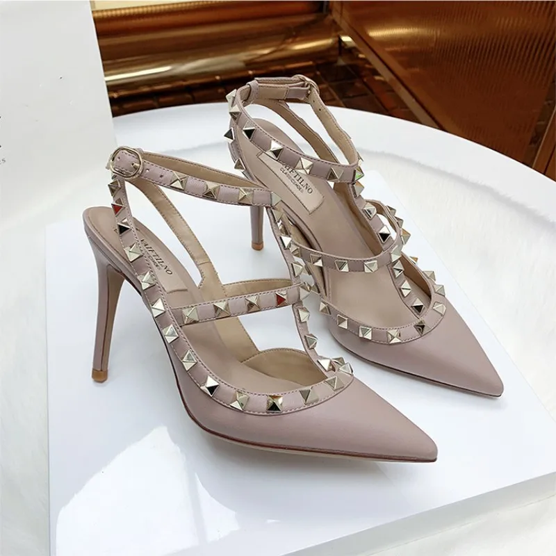 Genuine Leather Women High Heels Sandals 2024 Trend Summer Rivets Sequin Pointed Pumps Sexy Classic Girl Sandals Wedding Shoes