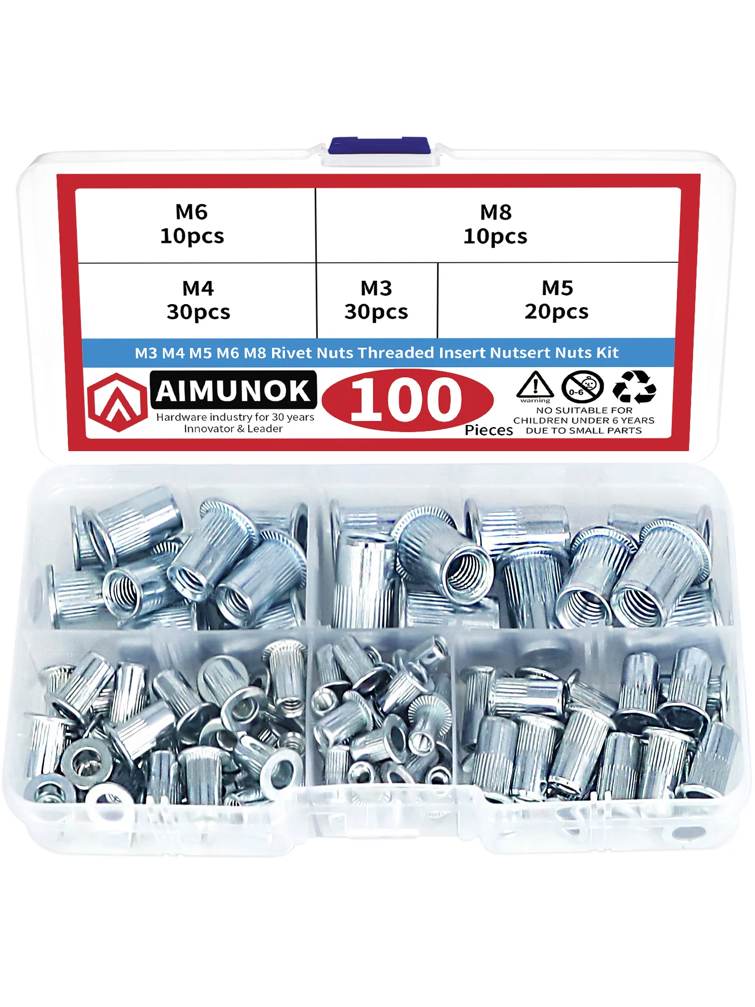 100Pcs Carbon Steel Rivet Nuts Assortment Kit, Flat Head Threaded Insert Nutsert for Automotive Furniture Sheet Metal Repair