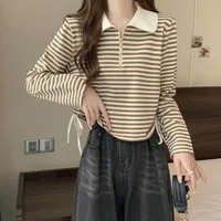 Women's Autumn Polo Shirt 2026 Striped Long Sleeve Drawstring Teddy Bear Collar Slimming T-Shirt - Image 6