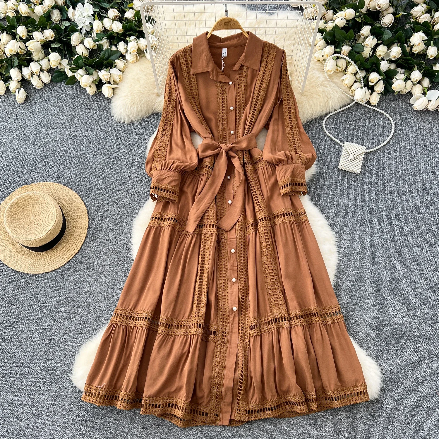 Elegant Chic Lace Hollow Long Sleeve Single Breasted Lapel Dress Party A-line Vestidos High Waist Women Autumn Winter Dress