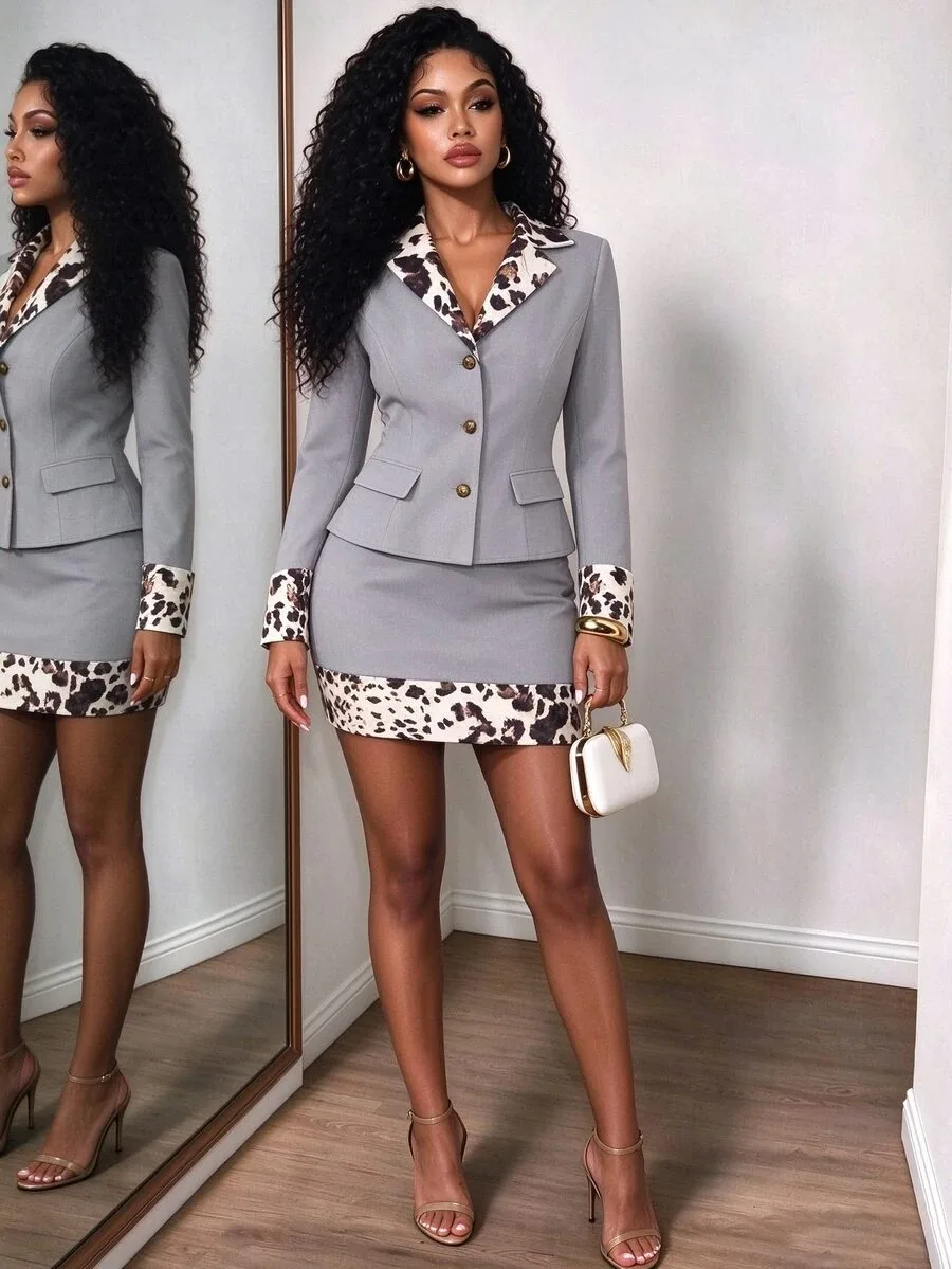Fashion Women Skirt Suit 2 Pieces Long Sleeve Contrast Print Coat Lady Wear Customized Business Party Blazer Mini Skirts