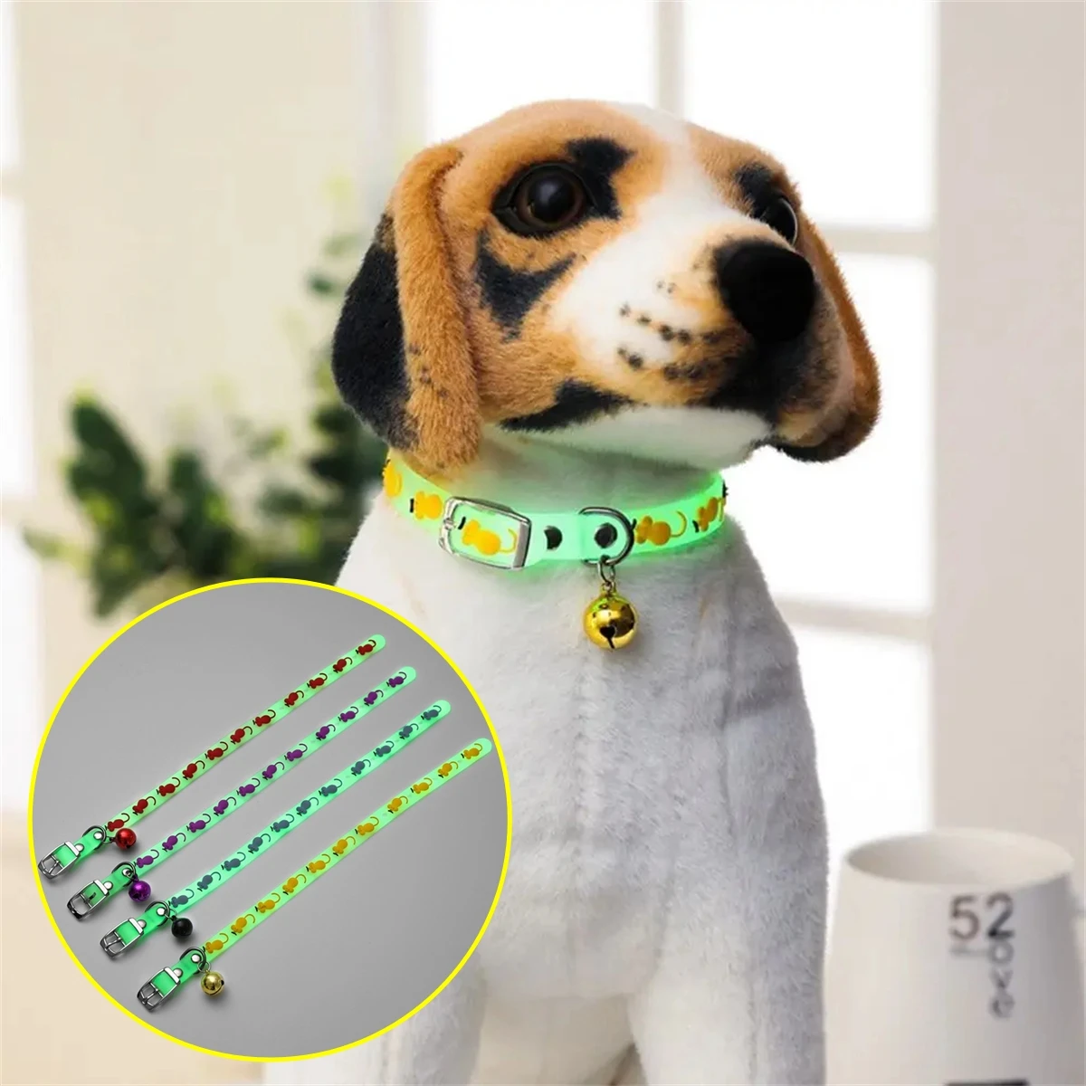 1Pc Luminous Cat Dog Necklace with Bells Anti-Loss Fluorescent Silicone Pet Collar Neck Ring Glowing in Dark 5 Cartoon Patterns