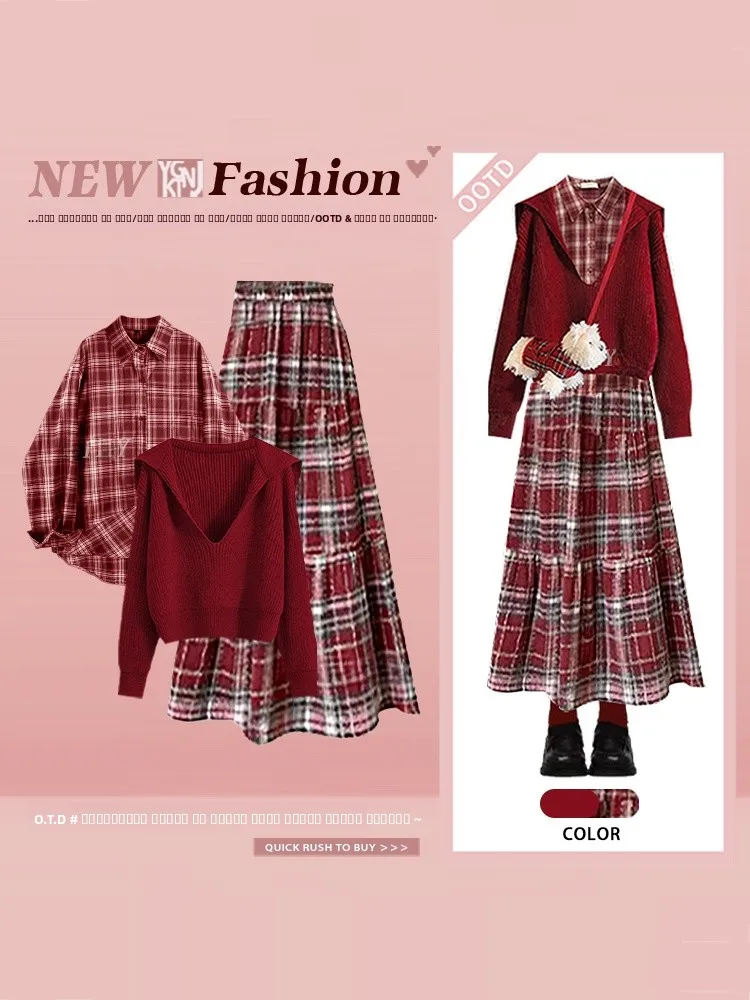 

Winter Red Knitted Sweater irt High Waist Plaid Skirt Tee Piece Set New Year Women's Faion Outfit High Waist Skirt