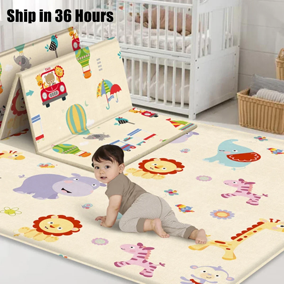 Baby Play Mat Foldable Carpet Cute Animals Baby Crawling Mats Reversible Play Gym Mat Non-Slip Waterproof Puzzle Mat 180*100*1cm