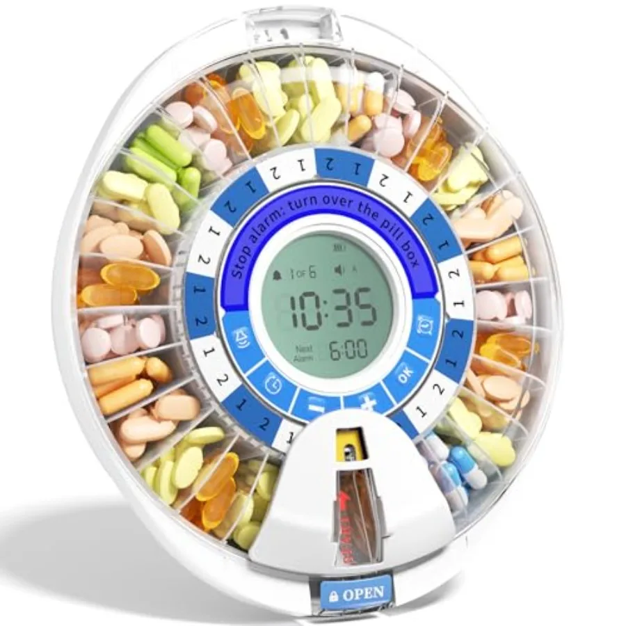 

2nd Gen Automatic Pill Dispenser for Elderly with Alarm 28 Slots Key Locked Alarm and Light Reminder Mix-Proof XL Display 6 Dos