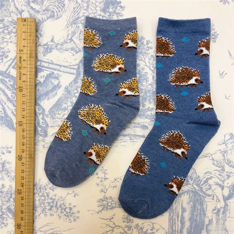 1Pair Adult Size Mid Calf Crew Cartoon Hedgehog Cottton Unisex Socks British Style Casual Harajuku Forest Animal Art Couple Fun
