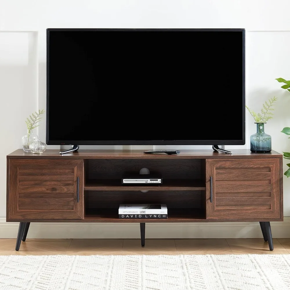 

Mid Century Wooden TV Stand Entertainment Console with Open Shelving and 2 Cabinets for Televisions up to 65 Inches(Dark Walnut)