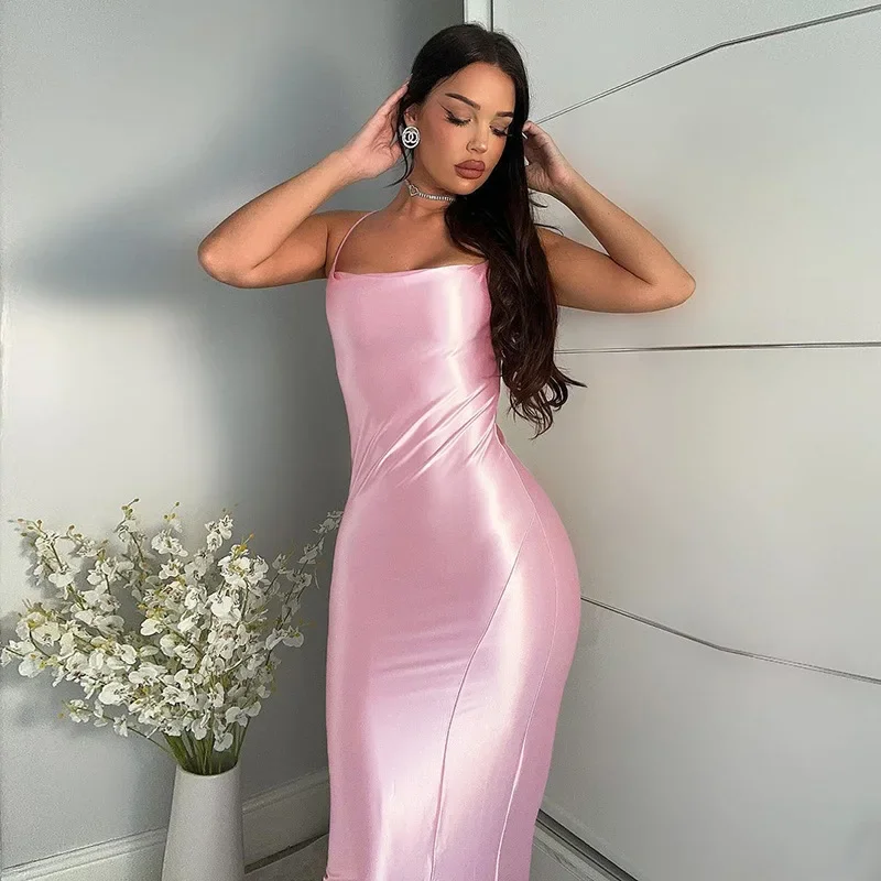 

New 2024 Summer Women's Wear Temperament Solid Color Satin Suspender Medium Slit Dress Elegant Sexy Party Dress Club Clothing