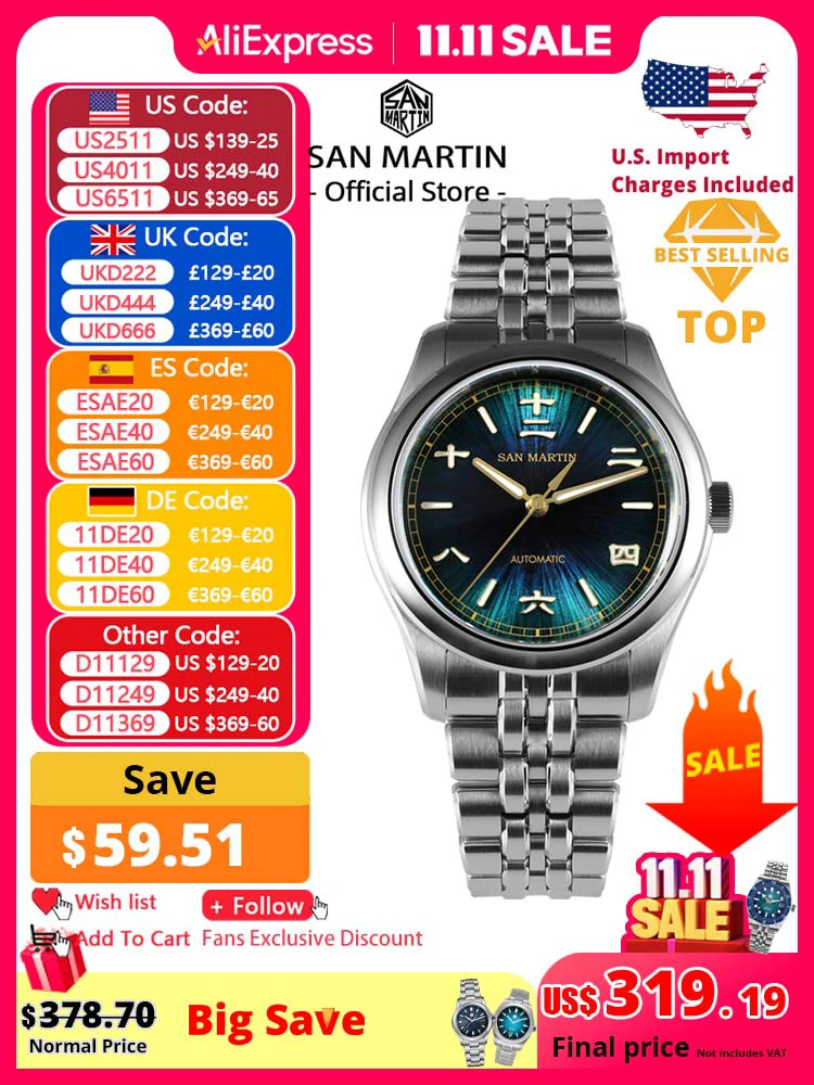 San Martin New 39mm Gada Watch Chinese Style Original Design Sunburst JianZhan Miyota 90S5 Men Dress Automatic Mechanical SN0144