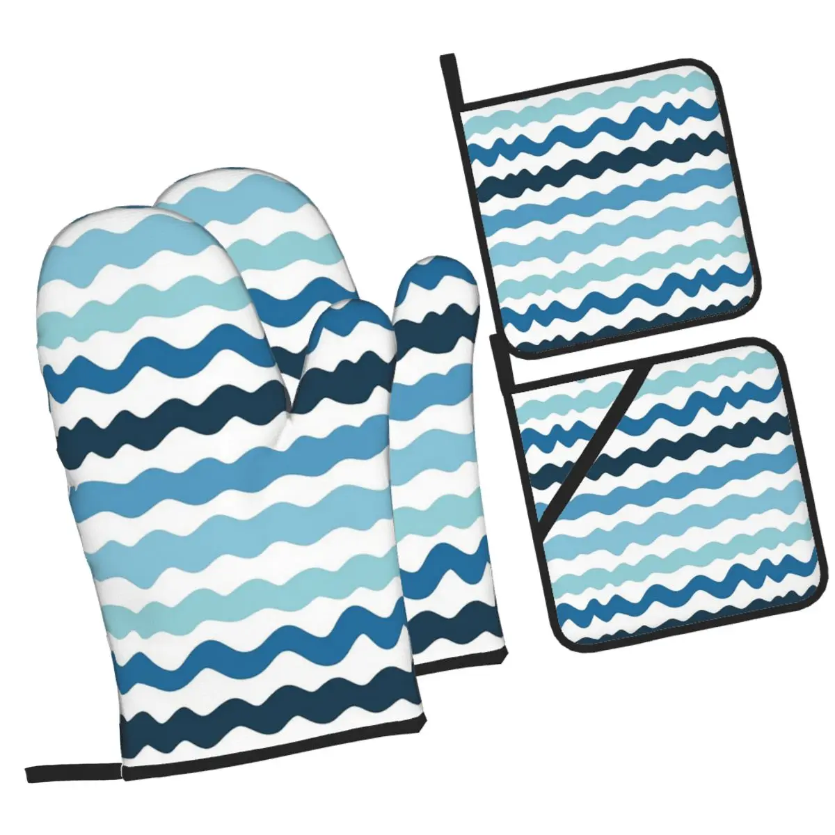 Blue Wave Pattern Calm Ocean Inspired Oven Mitts and Pot Holder Sets of 4 for Baking Kitchen Cooking BBQ Resistant Gloves