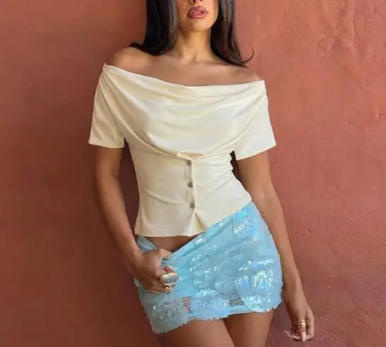 

Women's Slim Fit Short Sleeve T-Shirt 2025 Niche Swing Collar Fashionable Spicy Girl Top New Arrival