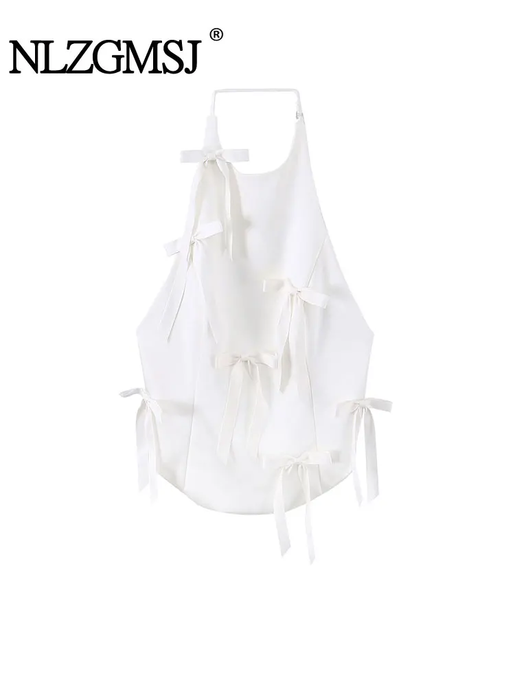

NLZGMSJ 2026 Spring Women Fashion Solid Bow Decoration Backless Sleeveless Tie Halter Top Women New Sexy Halter Top