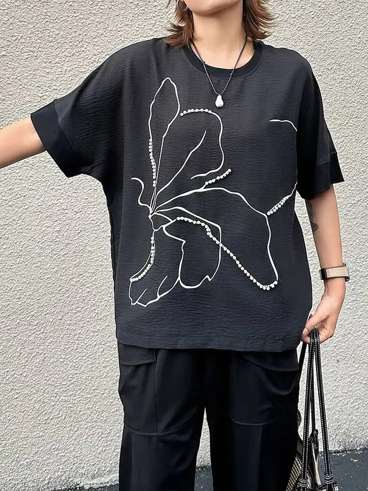 

Women Black Pearl Nailed Printed Big Size T-shirt New Round Neck Short Sleeve Fashion Tide Spring Summer