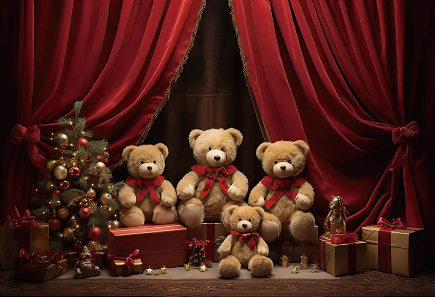 Mehofond-Natal Toy Bear Backdrop para Crianças, Retrato De Família, Festa De Aniversário, Fotografia, Árvore De Natal, Cortina Vermelha, Decoração De Fundo